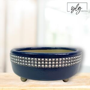 Wood Trinket Bowl Hand Painted Blue Metallic Silver Jeweled Repurposed Crafted